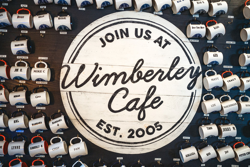 Sign at Wimberley Cafe with Mugs