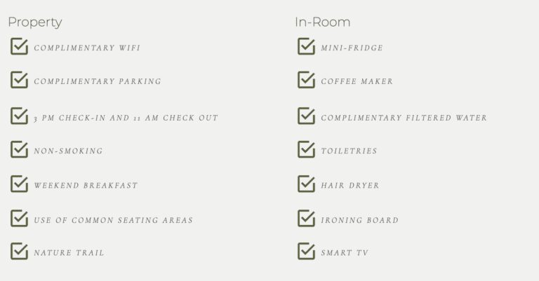 Hotel amenities checklist with green checkmarks